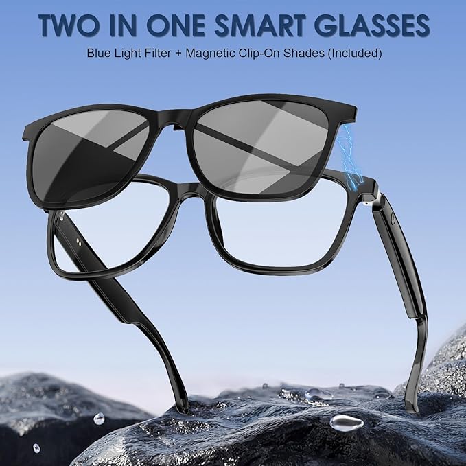 Smart Glasses for Men & Women, 2-in-1 Blue Light & Magnetic UV400 Sunglasses, Bluetooth 5.4 Glasses with Open-Ear Audio, Voice Assistant for Outdoor & Office