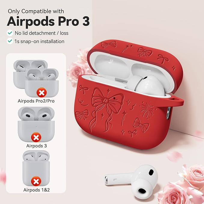 for Airpods Pro 3 Case Cover, Joremx Cute Bow Engraved Silicone Protective Case Cover with Keychain, Cleaner Kit for Airpods Pro 3rd Generation 2025 (Red)