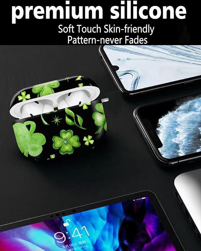 Cute Hard Case Compatible with AirPods Pro 2nd/1st Generation, Protective Cover with Golden Keychain, Fits 2023/2022/2019 Models, for Women, Girls, and Men(Green Leaves)