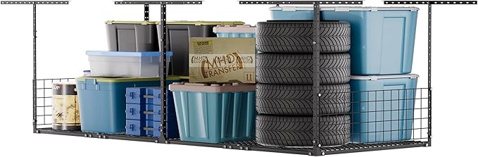 3 x 8FT Overhead Garage Storage Rack,Adjustable Ceiling Storage Racks,Garage Shelving Heavy Duty Storage Organizer System With Sidebar,Load 600LBS Weight