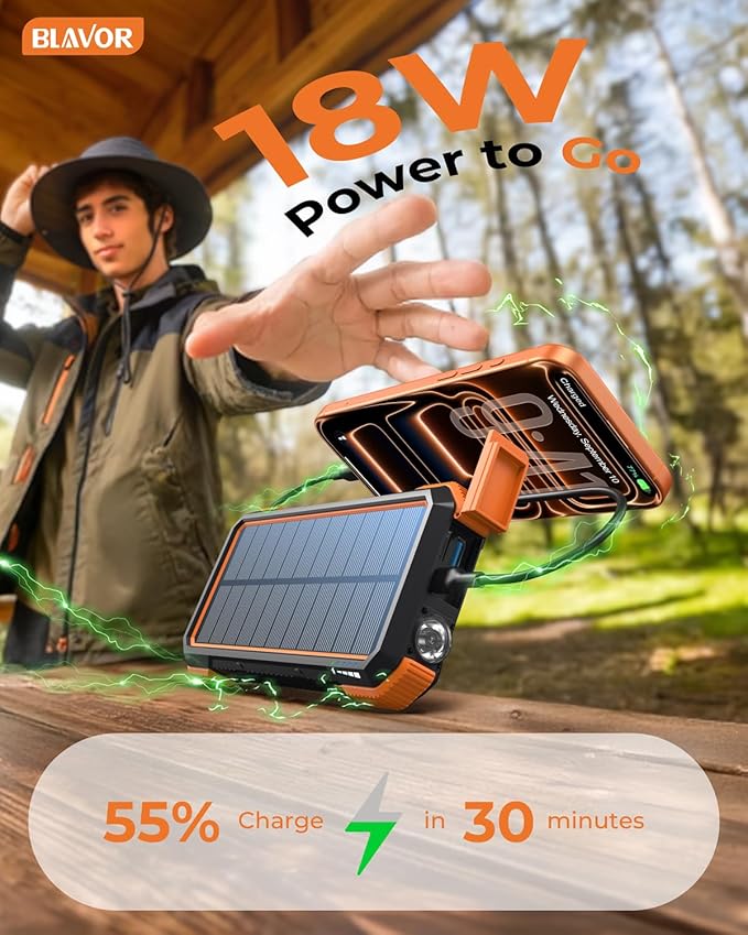 BLAVOR Solar Power Bank, 20000mAh Wireless Portable Phone Charger with USB-C in/Output, IPX5 Waterproof, Flashlight, Fast Charging Battery Pack for iPhone 17/16/15/14/13/12 and All Phones