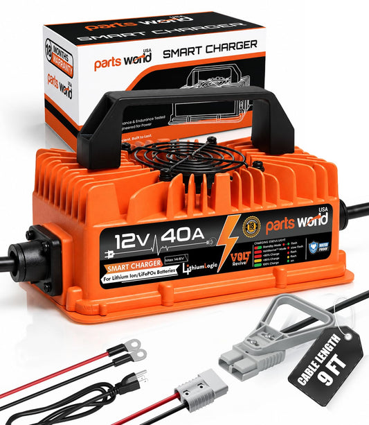 LithiumLogic™ 12V 40A LiFePO4 Charger with SB50 Anderson Plug, Accessory Wires & Temp Sensor; IP67 Waterproof with VoltRevive™ Recovery for carts, Boats, ATVs, Pallet Jacks, forklifts & scrubbers