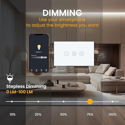 Smart Dimmer Switch Neutral Wire Required, 2.4GHz WiFi Dimmer Light Switch with Remote Voice Control, Tempered Glass Panel, Compatible with Alexa and Google Home, White WiFi Dimmer
