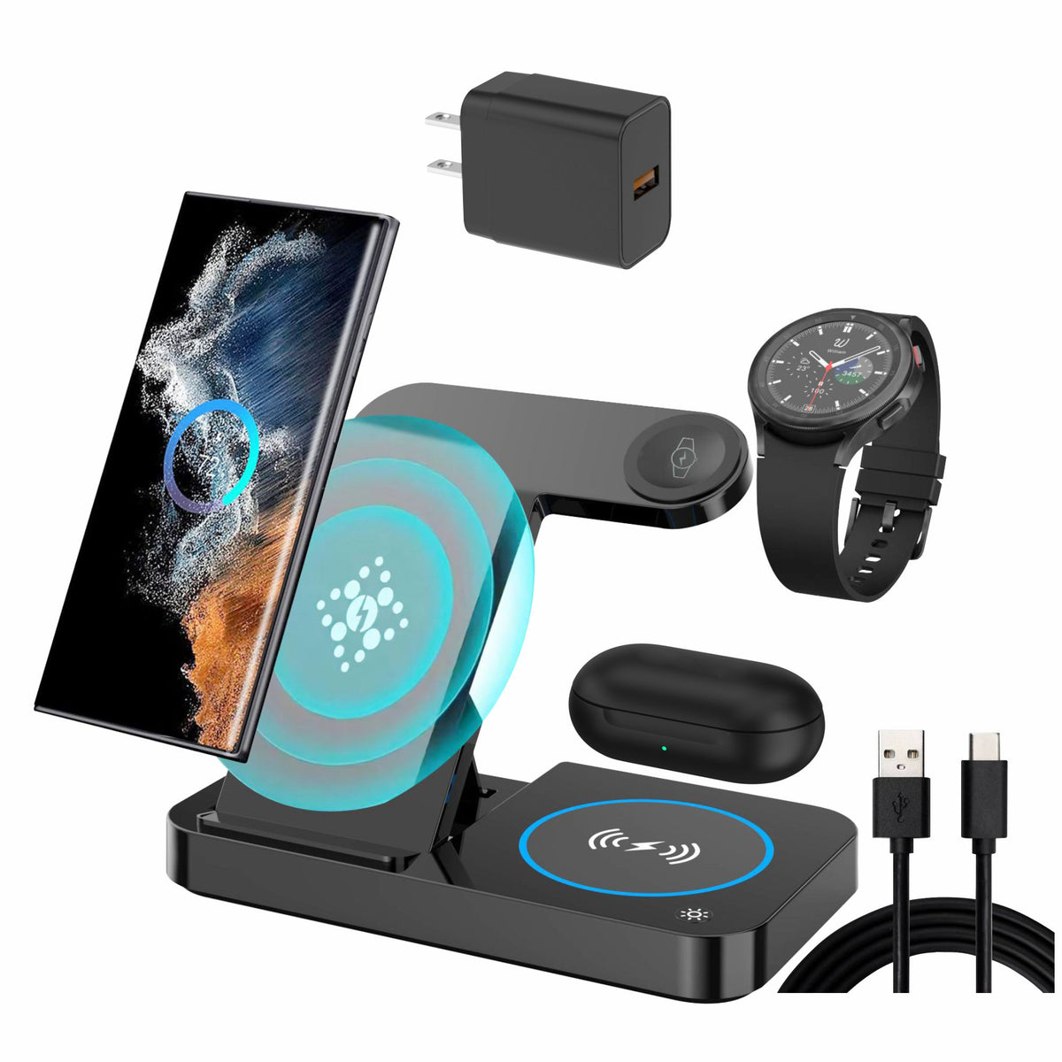 3 in 1 Charging Station for Samsung Android: Wireless Phone and Watch Charger for Galaxy S25 Ultra/S24/S23/Z Fold, Wireless Charger Stand for Galaxy Watch 8/7/6/5 Earbuds 4/3/2/Pro,Not for Watch 9