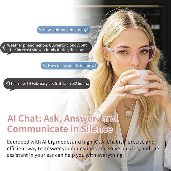 AI Smart Glasses with Real-Time Translation, Wireless Bluetooth 5.3, Smart Simultaneous Interpretation for 160+ Languages, Open-Ear Design,Clear Frame Blue Light Glasses for Woman Travel,Work