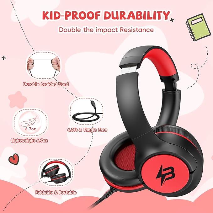 Kids Headphones Wired with USB C Plug, 85/94 dB Volume Limit Foldable USB Type C Headphones for Kids Boys Girls, Plug in Headphones Corded Over Ear Wired Headphones for School/Tablet/Travel, Black Red