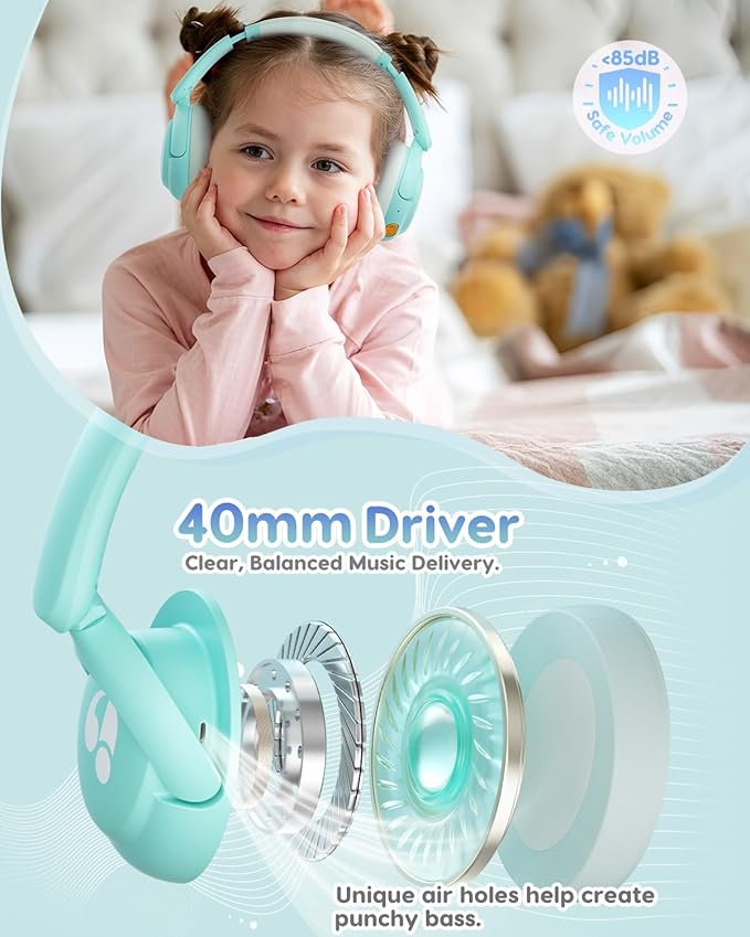 Kids Bluetooth Headphones, 85dB Volume Limiter, Foldable Wireless Over-Ear Headphones for iPad, Travel, 75H Playtime, Bluetooth 5.4, Built-in Mic, Green