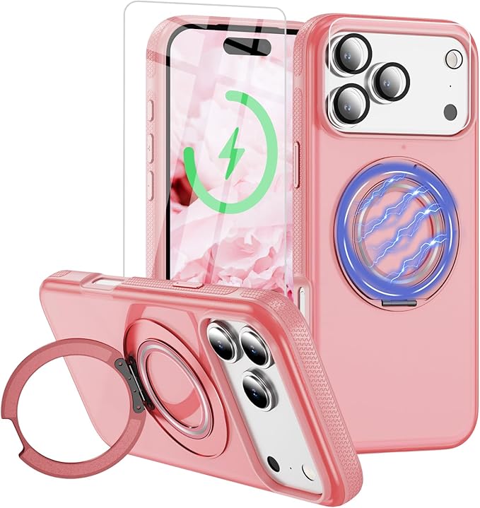 for iPhone 17 Pro Max Case [Compatible with Magsafe] [15 FT Military Grade Drop Protection] with Screen Protector & Lens Protector,Shockproof Kickstand Phone Case for iPhone 17 Pro Max (Pink)