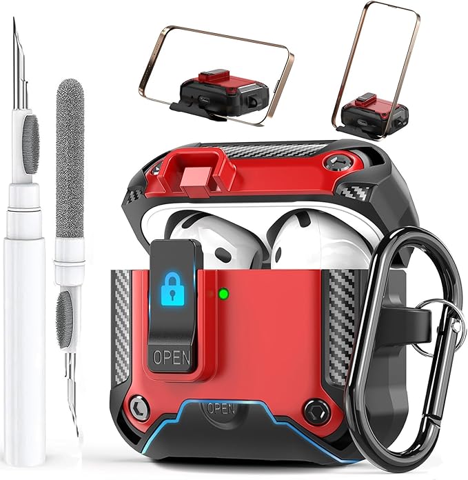 for Airpods 4 Case with Phone Stand&Lock Clip, Rugged Apple Airpods 4th Generation Cover 2024 Men Women, Armor Shockproof iPod 4 Gen Protective Hard Shell with Carabiner&Cleaner kit, Black/Red