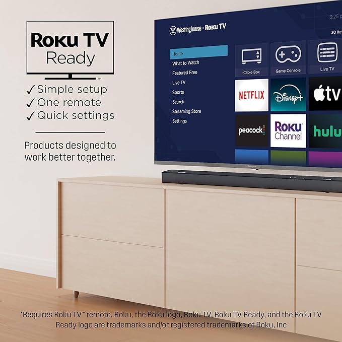 Westinghouse 3.1.2 Channel All-in-One Soundbar with Dolby Atmos and Digital Plus, Built-in Low Frequency Driver and Height Speakers, 210W Surround Sound, eArc, HDMI, Bluetooth, Roku TV Ready