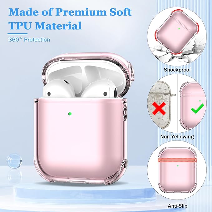 for Airpods 2nd Generation Case Cover, Clear Soft TPU Transparent Four Corner Military Grade Shockproof Protective Case with Cleaning Kit for Airpods 2 Gen Charging case 2019, Clear Pink