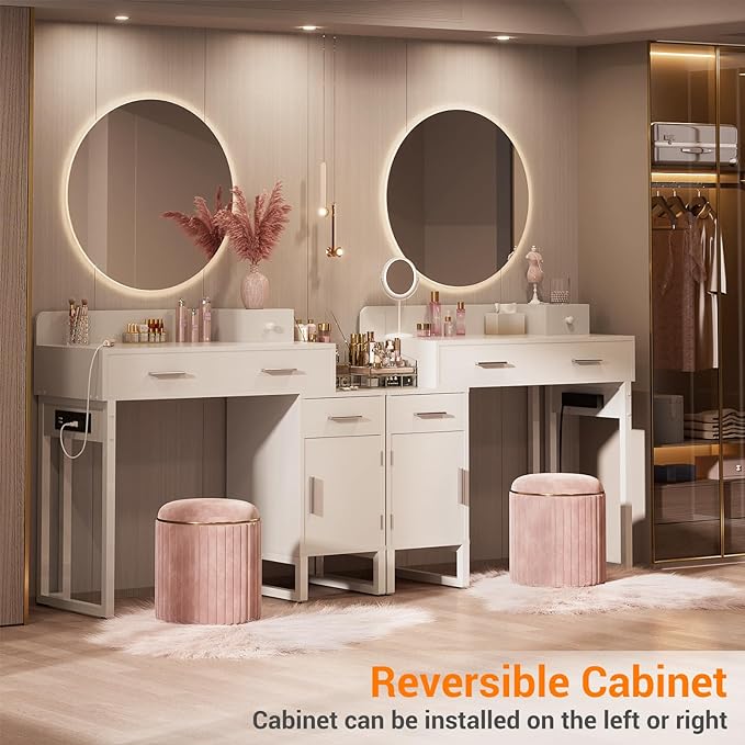 Vanity Desk with 4 Storage Drawers - Modern Makeup Vanity Table with Charging Station, White Vanity Desk with Reversible Cabinet Dressing Table Set with Divided Organizers for Women Girls, White