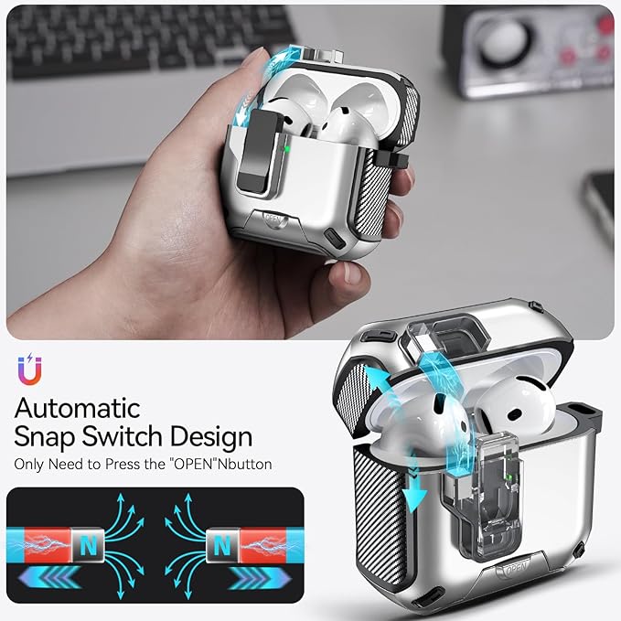 for AirPods 4 Case (2024) with Phone Stand,（with Automatic Snap Switch） Carbon Fiber Design Protection Cover with Cleaning Pen,Silver
