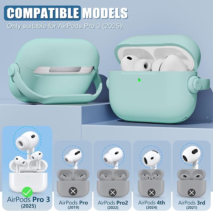 for Airpods Pro 3 Case,Safety Lock Cases for Apple Airpod Pro 3 (2025) with Cleaner Kit, Drop Protection Air pods Pro3 Case Cover for Men for Women with Keychain,Mint Green