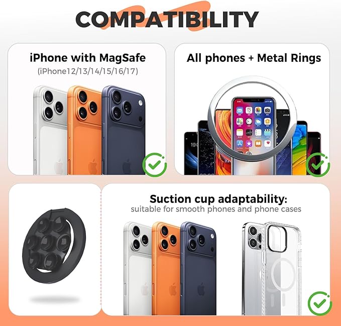 4 in 1 Sticky Phone Grip Holder for Magsafe,Double Sided/Suction Cup Case Mount,Magnetic Phone Stand for iPhone 17/16/15/14/13/12 Pro Max,Vacuum Ring Holder for Kindle/Android/Tiktok Content Creator