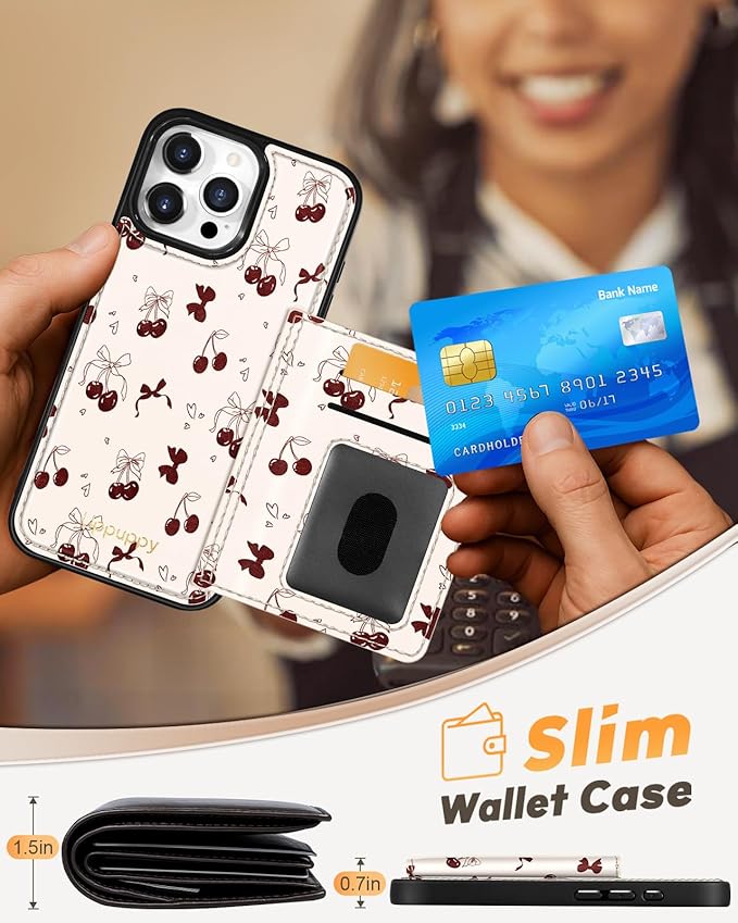 for iPhone 16 Pro Case with Wallet - Fits 4 Card Slots, Compatible with MagSafe for Women Aesthetic Durable PU Leather Credit Card Holder Kickstand Phone Cover for Apple 16 Pro, Bow Cherry