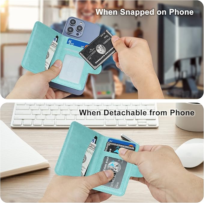 Bocasal for MagSafe Wallet Magnetic Card Holder, RFID Blocking Leather Card Slots for iPhone 17/16/15/14/13/12 Pro/Max/Plus/Air, Adjustable Kickstand Flip Mag Safe Wallet (Mint Green)