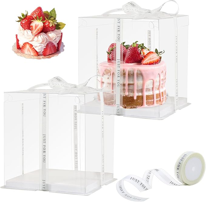 8Pcs Tall Cake Boxes Clear Box with Ribbon, 8x8x9 inch, for 6" cajas para pasteles Tiered Cakes,Transport Gift Boxes for Wedding Valentine'Day and Gift Display. (Clear, 8 * 8 * 9 inch/8pcs)