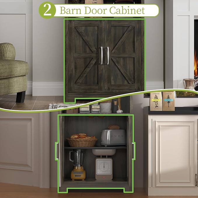 55" Tall Kitchen Pantry Cabient with 2 Microwave Stands, Farmhouse Pantry Storage Cabinet with Barn Doors and Large Drawer, Rustic Freestanding Cupboard for Kitchen and Dining Room (Dark Grey)