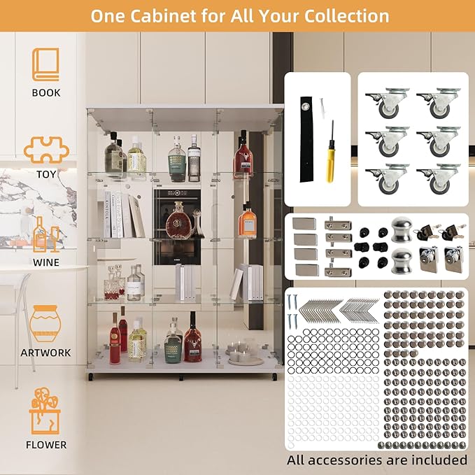LFT HUIMEI2Y Glass Display Cabinet 12 Shelves with 3 Columns 2 Doors, Mirror Back Panel and Lock, Curio Cabinets Quick-Install Style Tempered Glass Bookshelf for Living Room, Kitchen White