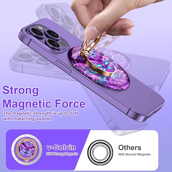 Magnetic Phone Ring Holder for MagSafe Grip,[Super Magnet],Stylish 360° Rotation Cell Phone Grip Stand Finger Ring Kickstand for iPhone 17 16 15 14 Pro Max,iPad and Smartphones,Purple