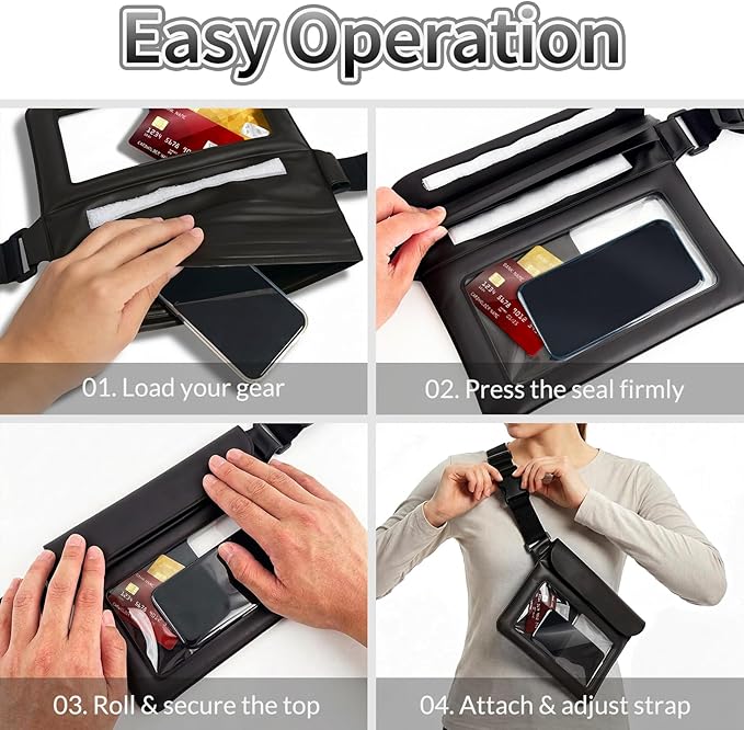 Waterproof Bag Set IPX8 2 Pcs: Black 9.8" Clear Fanny Pack & 7" Waterproof Phone Pouch, Floating Phone Case, Water Proof Dry Bag with Adjustable Strap for Beach Swim Kayak Boat Cruise Essentials