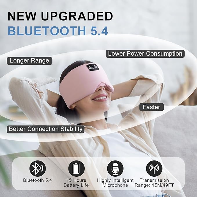 LC-dolida Sleep Mask with Bluetooth Headphones, Ice Silk Sleep Headphones with Bluetooth 5.4, Total Blackout Eye Mask for Sleeping, Sleep Soft Mask for Women Men, All Night Sleep, Travel(Pink)