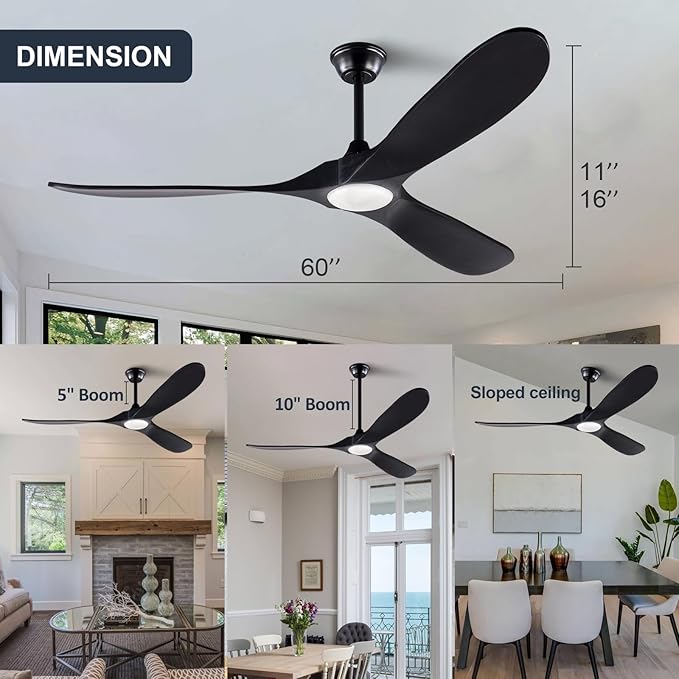 60 Inch Black Ceiling Fan with Lights and Remote, 3 Wood Fan Blades and Timer Setting, 60 Inch Modern Ceiling Fan with Quiet Reversible DC Motor Indoor Outdoor for Patios Living Room Bedroom
