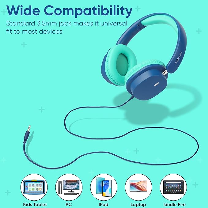 2 Pack Kids Headphones with Sharing Splitter, Stereo Sound Over-Ear Wired Headphones for Kids, Comfortable Fit, Foldable,Tangle-Free 3.5mm Jack Heaphones for School Tablet/Laptop/Computer