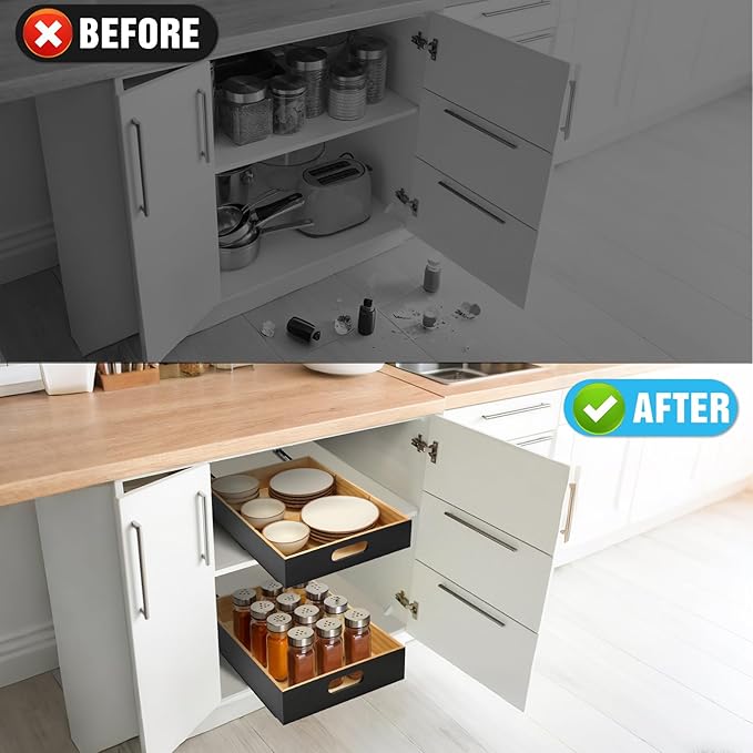 2 PCS Wood Pull Out Cabinet Organizers with Removable Dividers, 14''W x 21''D Nail-free Wood Sliding Drawers with Adhesive Tape, Roll Out Shelves for Kitchen, Pantry, Office (Black)