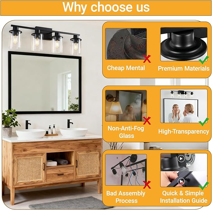 LOUSACE 4 Light Bathroom Vanity Light, 27" Black Vanity Lighting Fixture Over Mirror with Clear Glass Shade, E26 Base