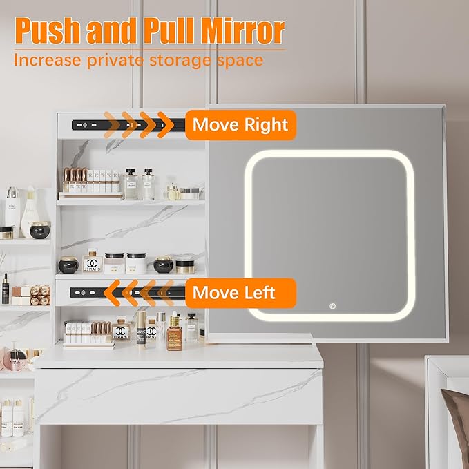 Vanity Desk with Sliding LED Mirror, Makeup Dressing Table with 4 Drawers, Storage Shelves, Power Outlet & Cushioned Stool, Adjustable 3 Lighting Modes, Modern Vanity Set for Bedroom, Marble White