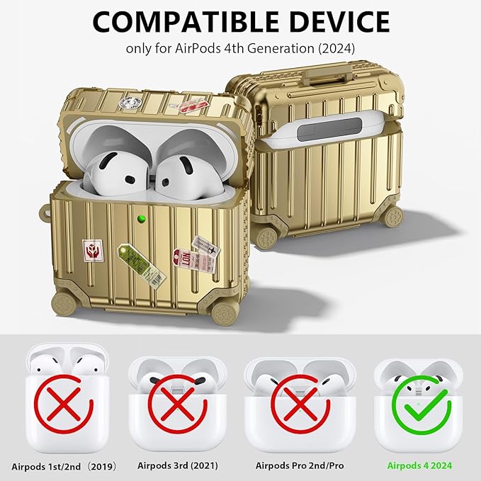 Filoto Compatible with Airpods 4 Case, Cute Fashion Suitcase Design for Airpods 4th Generation Case Cover, Shockproof Protective Hard Case with Keychain/Cleaner Kit (Gold, Airpods 4 Case)