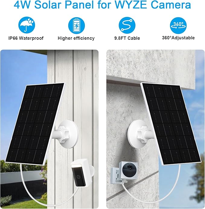 FUTUREZEN 4W Solar Panel for WYZE Cameras, USB-C & Micro USB Solar Charger, Compatible with WYZE Cam Pro, Outdoor Cam V1/V2, 9.8ft Cable, IP66 Waterproof, 360° Adjustable Mount (1 Pack)