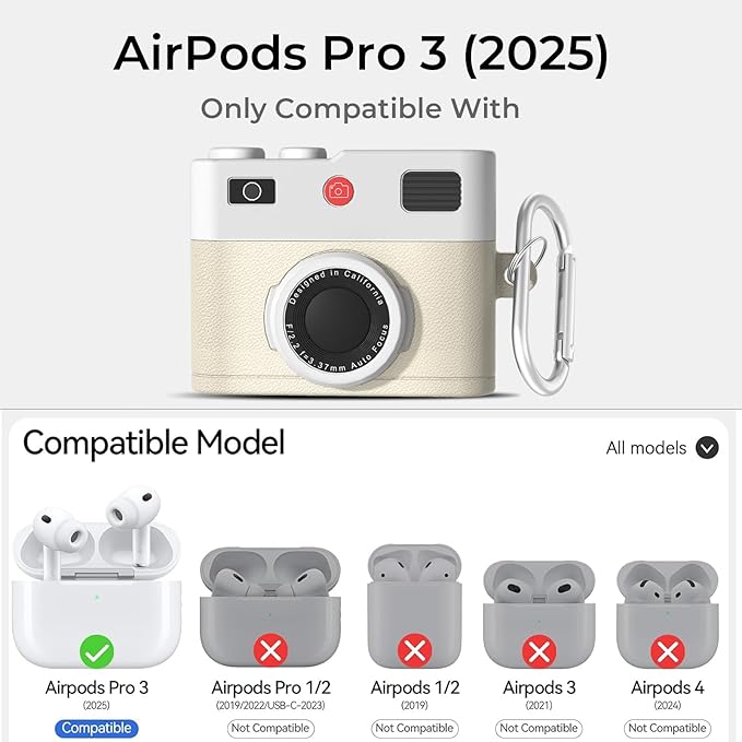 for Airpods Pro 3 Case Cute,Retro 3D Camera Design for Air pod Pro 3 Cover with Keychain Shockproof Protective Soft Silicone Case for Airpods Pro 3 Gen for Men Women,Brown,Beige