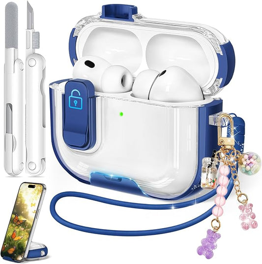 for Airpods Pro 3 Case 2025, Anti-Yellowing Clear Case for Airpods Pro 3 with Secure Lock & Phone Stand, Soft TPU Drop Protection Cover with Cleaning Kit (Navy Blue)
