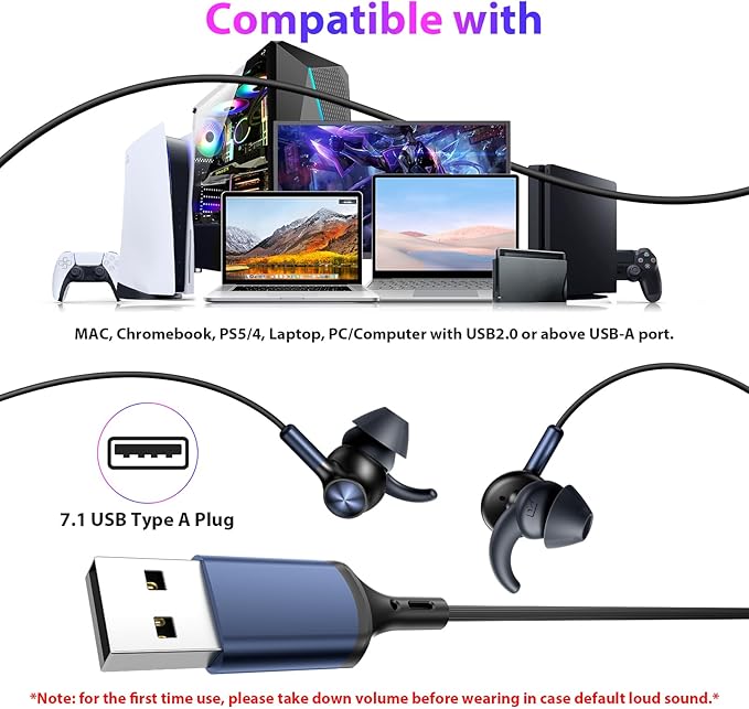 APETOO Wired Earbuds USB Computer Headphones with Anti-Fall/Hurt Wingtips for PC/Laptop/PS5 4 - Mute Mic, 7.1 Surround Sound, 7.5ft Noise Canceling in-Ear Type A Headset for Men/Women/Small Ear/Indoor