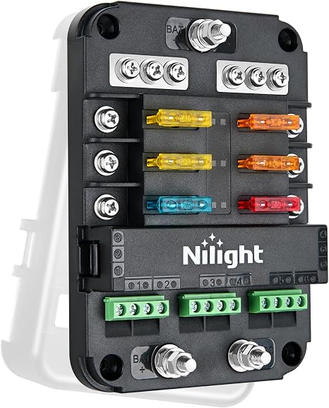 Nilight 6 Way Fuse Relay Block with Acc Control Negative Bus 12V Blade Holder ATC/ATO Box Label Stickers Waterproof Cover Panel for Automotive Cars Motorcycle RVs Vans