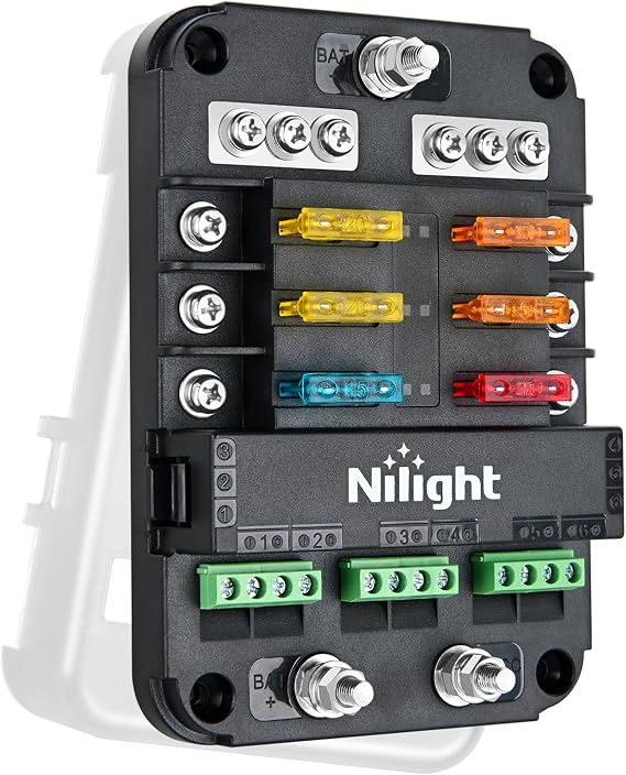 Nilight 6 Way Fuse Relay Block with Acc Control Negative Bus 12V Blade Holder ATC/ATO Box Label Stickers Waterproof Cover Panel for Automotive Cars Motorcycle RVs Vans