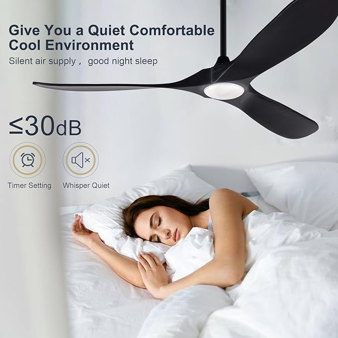 60 Inch Black Ceiling Fan with Lights and Remote, 3 Wood Fan Blades and Timer Setting, 60 Inch Modern Ceiling Fan with Quiet Reversible DC Motor Indoor Outdoor for Patios Living Room Bedroom