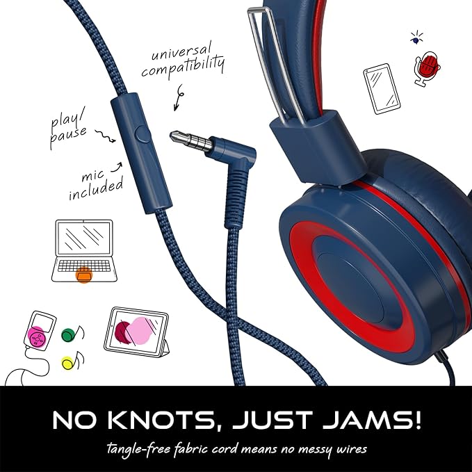 MYZI Kids Headphones with Cord, Foldable Over Ear Headphones for Kids with Microphone, Tangle-Free Wired 85dB Safe Volume Toddler Headphones for iPad, School, and Airplane – Navy