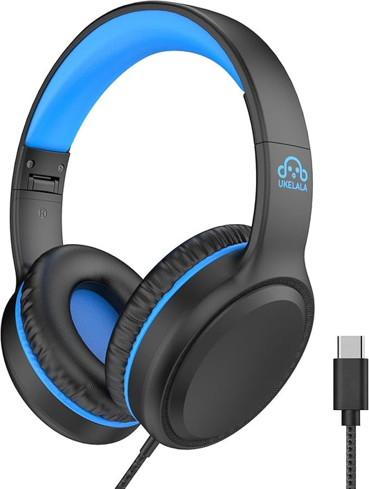 Wired Headphones with Type C Cable for Boys Girls Kids Youth, USB-C Headphones Lightweight Portable Compatible with Pad Phone for Adults Student Children Black Blue