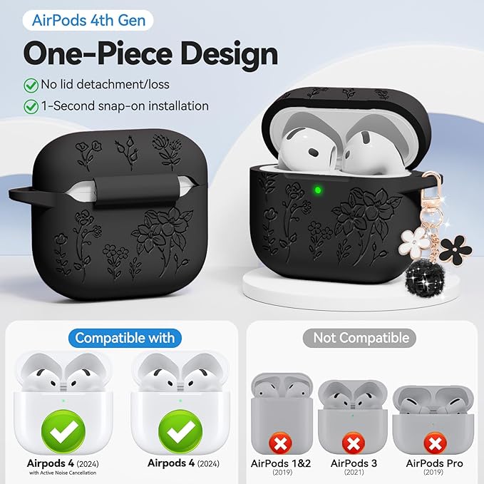 for AirPods 4 Case, Soft Silicone Flower Engraved Airpod 4 Cases with Qute Keychain & Cleaning Kit, Compatible with AirPods 4th Generation 2024 Cover for Women Girly, Anti-Scratch, Shockproof