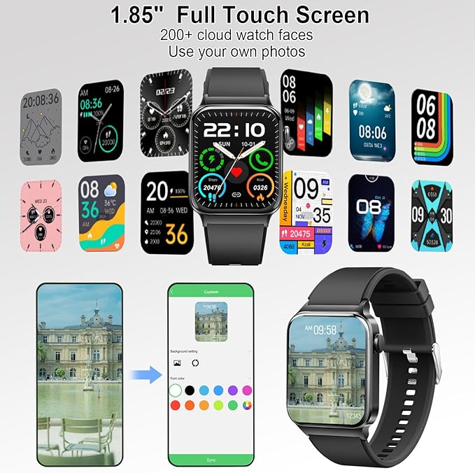 Smart Watch for Men Women, Fitness Tracker Heart Rate Monitor, 1.85" Touch HD Smartwatch for Android iOS IP68 Swimming Waterproof for 100+ Sport Modes, Sleep Tracking, Step Pedometer Calories Tracker