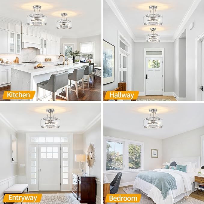 Brushed Nickel Modern Glass Ceiling Light, 3-Light Drum Semi Flush Mount Ceiling Light Fixture, Entryway Light Fixture, Ceiling Lamp for Hallway Bedroom Laundry Kitchen Dining Room Lighting, UL-Listed