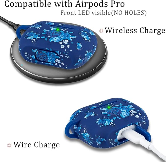 Flower Silicone Compatible with AirPods Pro 2 Case 2022/2023, Gawnock Soft Case Compatible with AirPods Pro 2nd Generation Print Women Girls with Keychain - Blue Flower