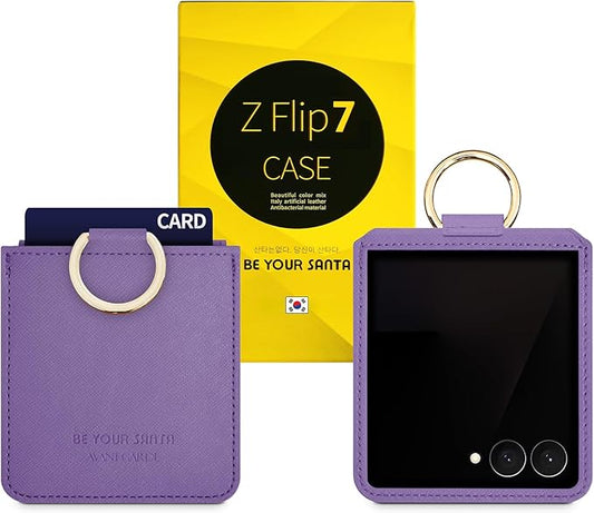 [BeYourSanta] Galaxy Z Flip 7 Case with Ring - Avant-Garde Handmade Saffiano Vegan Leather Case, Anti-Scratch Hinge Protection, Made in Korea (1 Pocket, Light Purple)