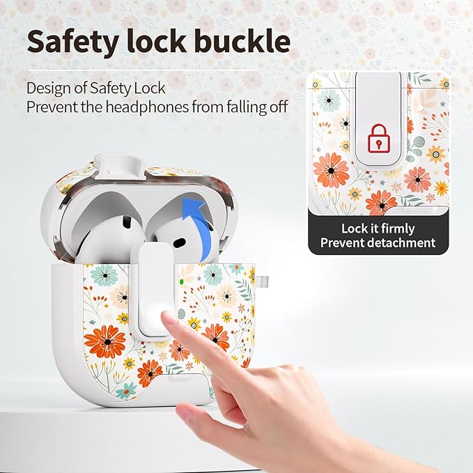 for AirPods 4 Case with Secure Lock Clip in Phone Stand,Floral Girly Style Protective Cover with Cleaning Kit and Hand Strap for Apple AirPod 4 Generation (Maple Leaf Petals)