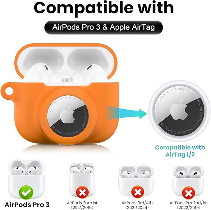 2 in 1 Silicone Case Compatible with AirPods Pro 3 and AirTag 2/1, Shockproof Protective Case Cover for AirPods Pro 3rd Generation 2025 with Cleaner Kit & Carabiner (Orange)