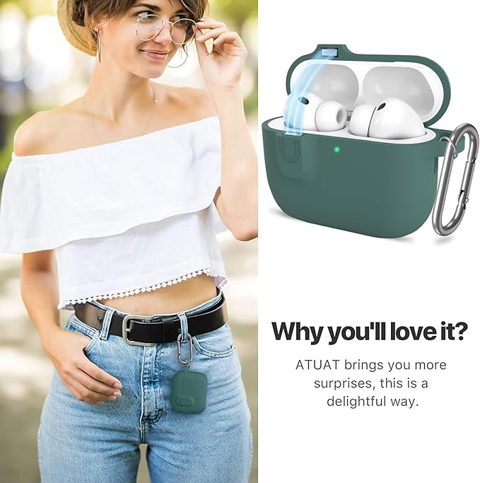 ATUAT for AirPods Pro 3 Case with Magnetic Lid Lock, Protective Soft Silicone Cover with Keychain Cleaner Kit for Women Men for Apple AirPods Pro 3rd Generation(2025), Front LED Visible, Pine Green